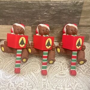 Set of 3 Vintage Christmas Caroling Bears Stocking Holders Festive Holiday Decor